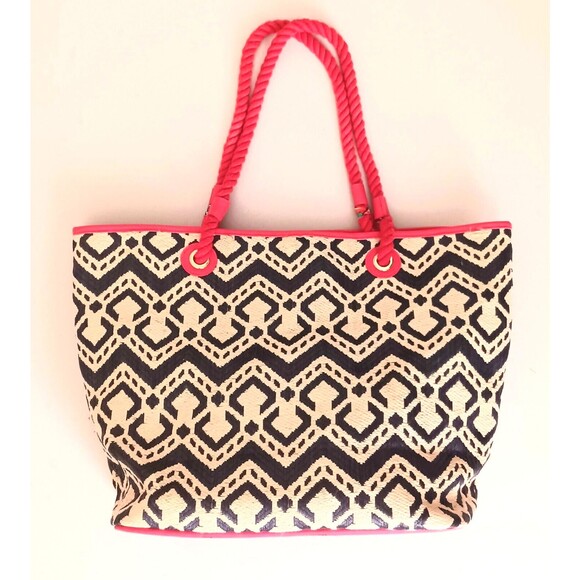 Vera Bradley Lg Straw Beach Tote Navy/ Coral Embroidered Pineapple Rope Straps - Picture 4 of 10